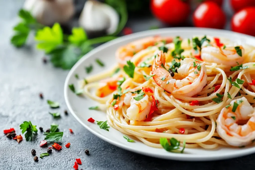 Delicious spaghetti aglio e olio with shrimp dish.