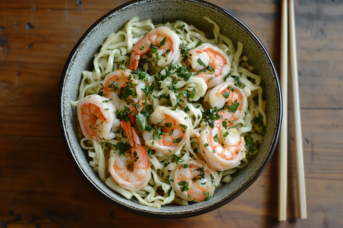 Delicious shrimp stir fry with noodles in a bowl