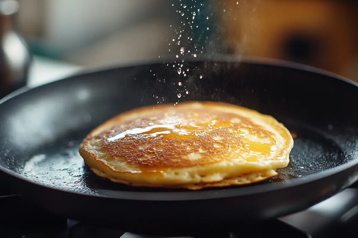 Easy pancake recipe for one golden brown pancake on a plate.