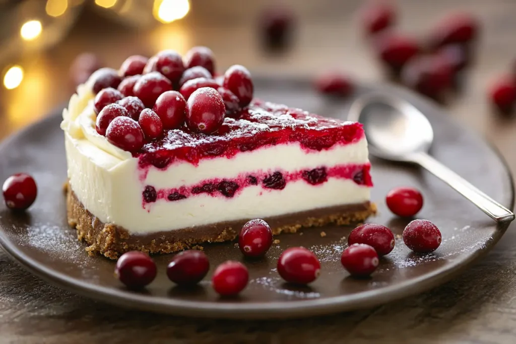 Delicious cranberry cheesecake slice.