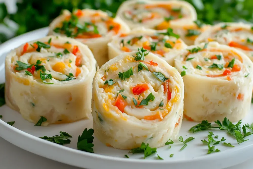 Turkey and cheese pinwheels stacked on a plate.