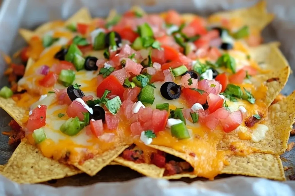 Delicious baked nachos recipe on a tray ready to eat.