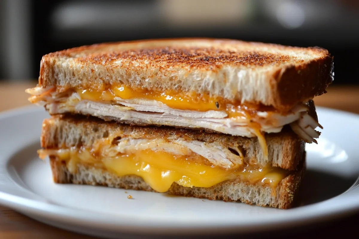 A turkey and cheese sandwich with vegetable sides.