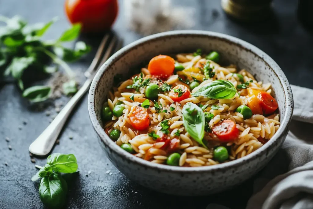 A bowl of cooked whole wheat orzo pasta with vegetables.