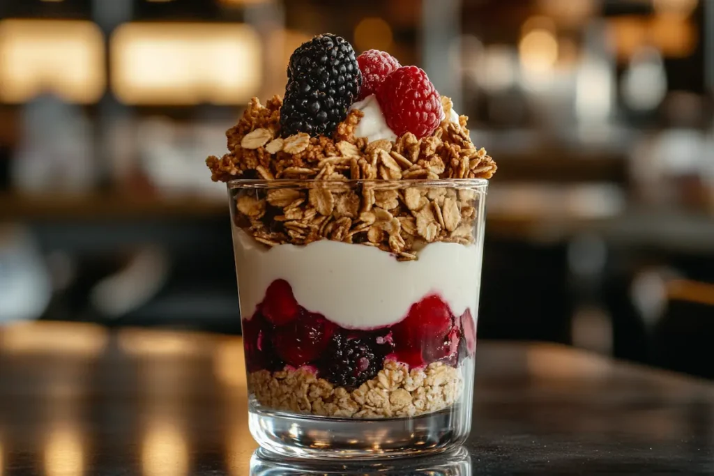 Delicious yogurt parfait with grains for a yogurt parfait.