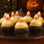 Candy corn cupcakes with tri-color frosting.