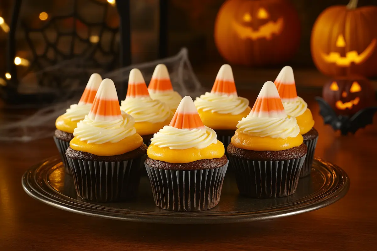 Candy corn cupcakes with tri-color frosting.