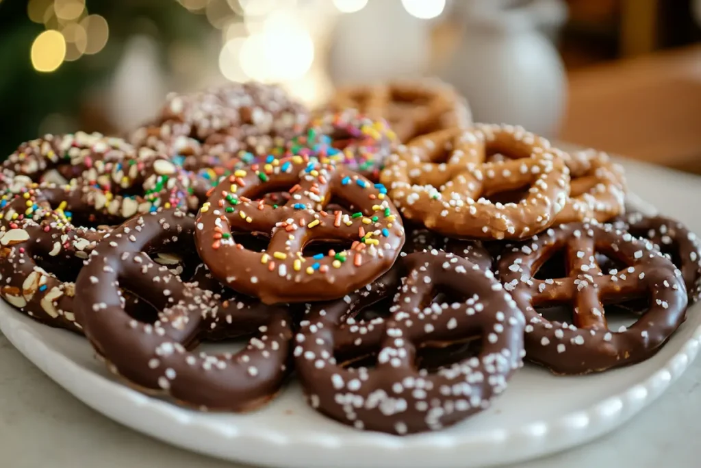 Chocolate covered pretzels ready to eat.