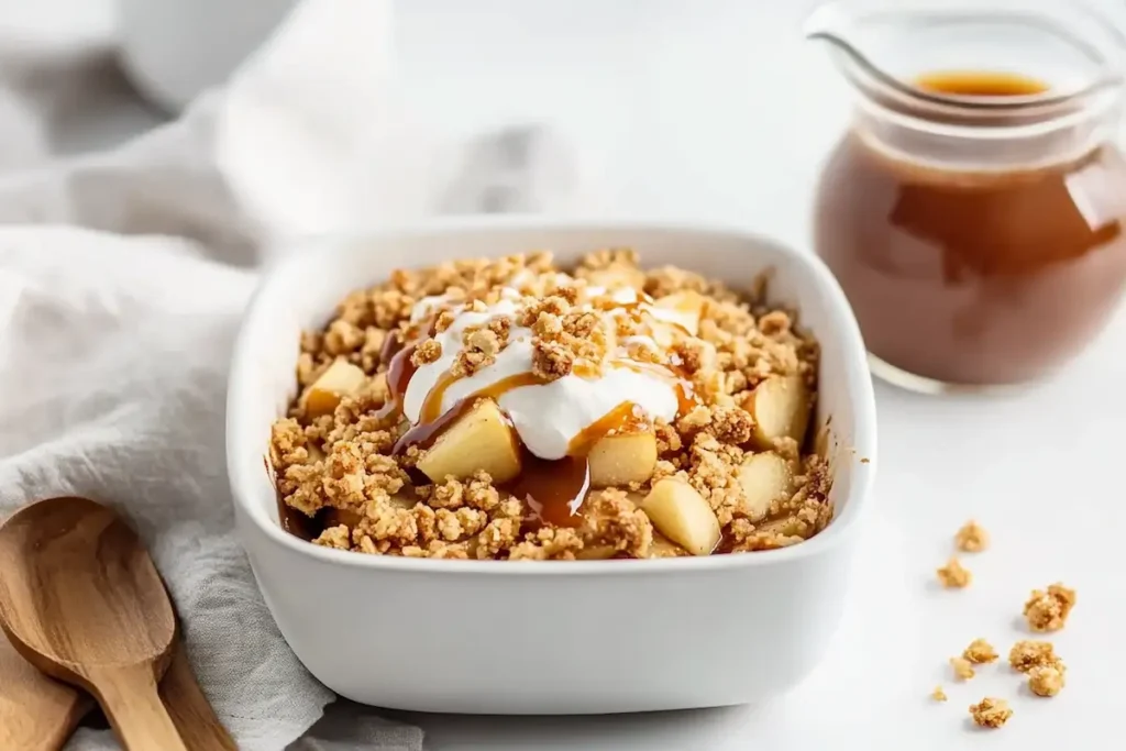 Freshly baked apple crisp recipe without oatmeal with a golden crumb topping.