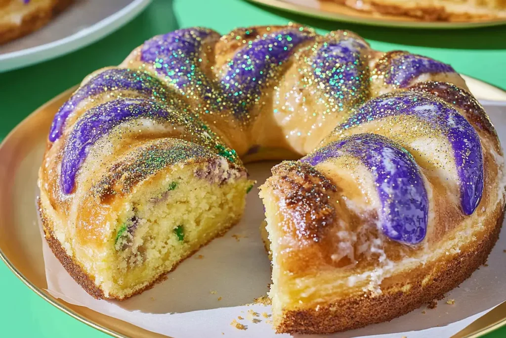 Delicious homemade king cake recipe for Mardi Gras celebration.