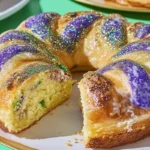 Delicious homemade king cake recipe for Mardi Gras celebration.