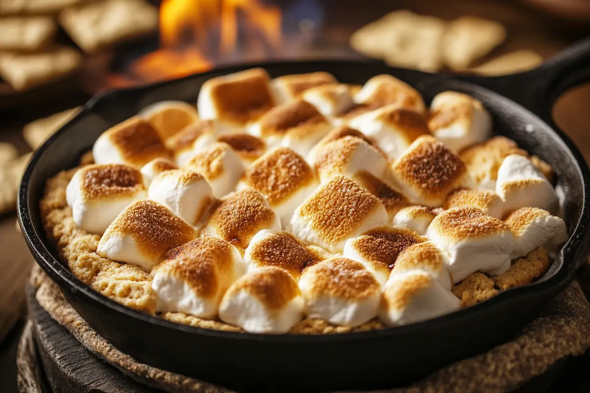 Delicious homemade smores dip with melted chocolate and golden marshmallows, served with graham crackers.