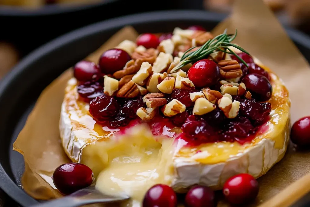 Baked brie with cranberries appetizer.