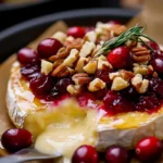 Baked brie with cranberries appetizer.