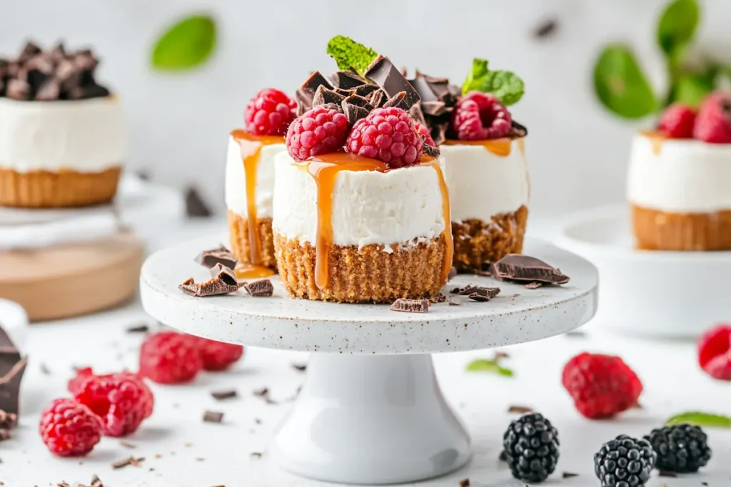 No bake mini cheesecakes with berry toppings.