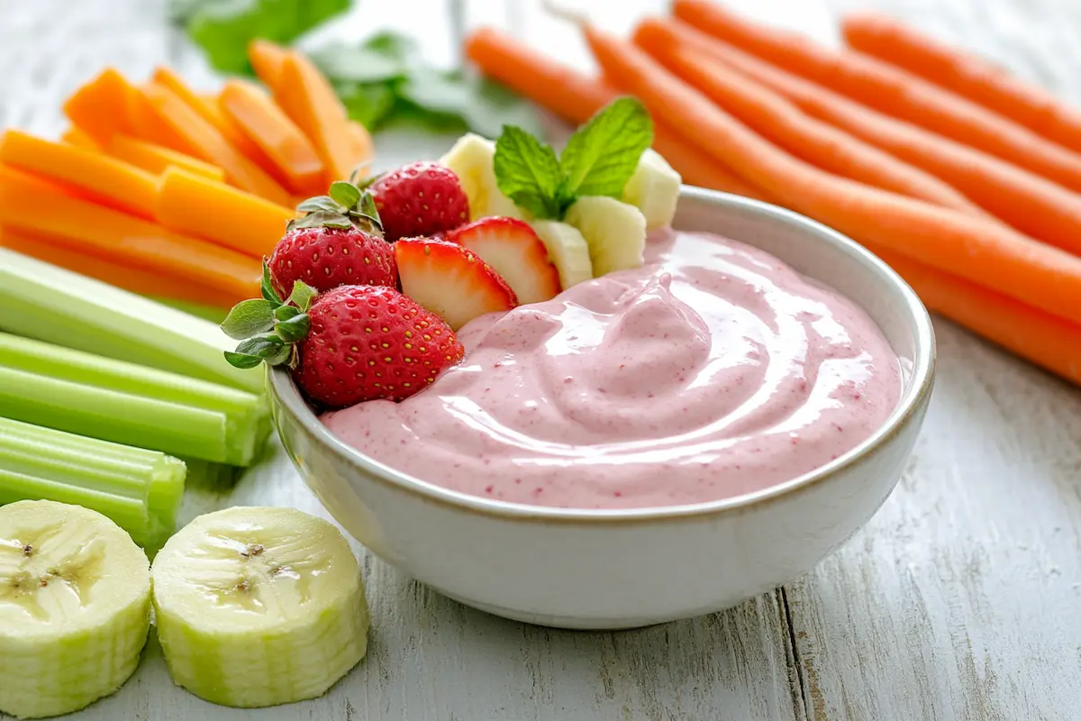 Healthy strawberry yogurt dip with fresh fruits and vegetables.