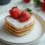 Valentine's Day pancakes with strawberries and syrup.