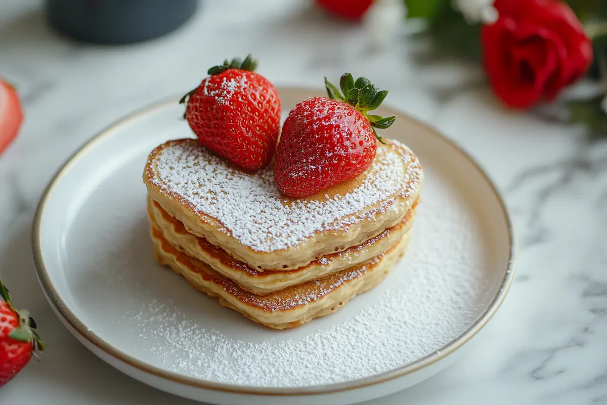 Valentine's Day pancakes with strawberries and syrup.